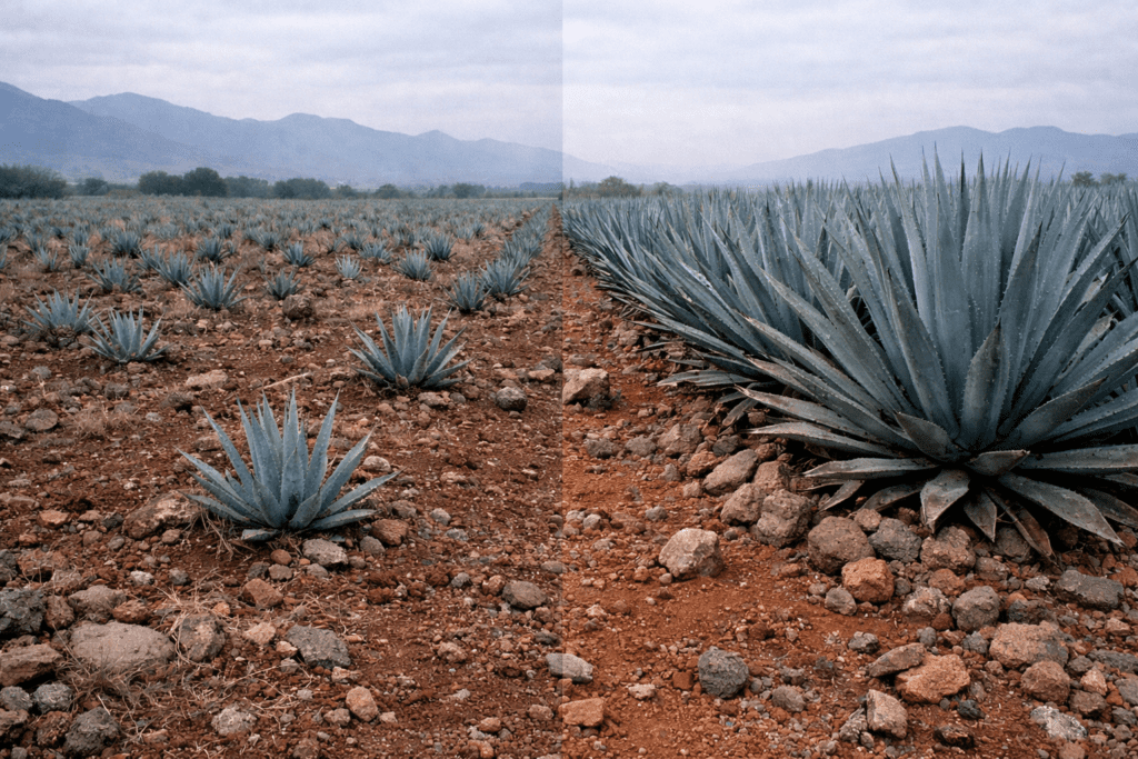 Blue Weber agave plants in Jalisco Mexico showing maturation comparison between 3-year-old young plants and 7-year-old mature plants ready for tequila harvest with visible size and leaf development differences