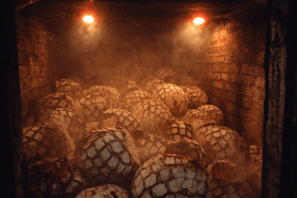 Harvested blue weber agave piñas stacked inside traditional stone brick oven at craft tequila distillery in Jalisco Mexico showing artisanal cooking process for premium tequila production
