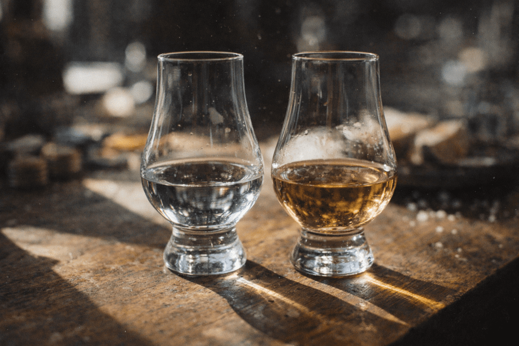 Side by side comparison of highlands and lowlands tequila in professional tasting glasses showing visual differences in clarity and color