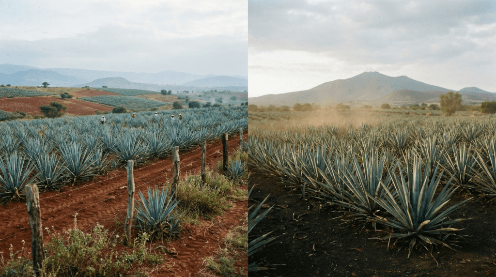 Highlands vs lowlands tequila agave fields comparison showing red volcanic soil in Los Altos and dark clay soil in Tequila Valley Jalisco Mexico demonstrating terroir differences