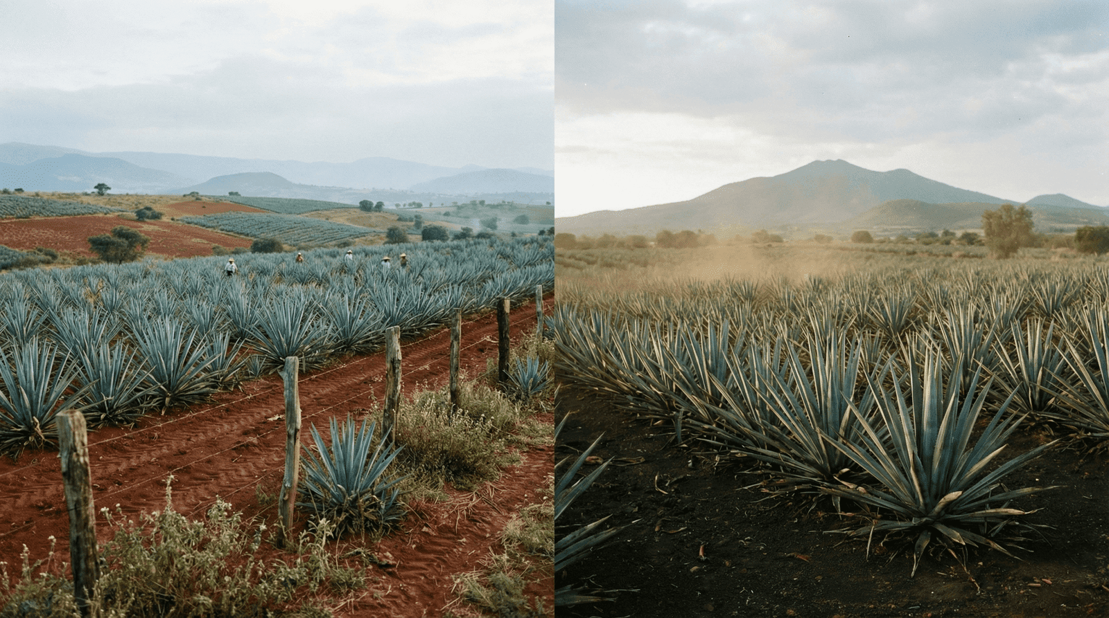 Highlands vs lowlands tequila agave fields comparison showing red volcanic soil in Los Altos and dark clay soil in Tequila Valley Jalisco Mexico demonstrating terroir differences