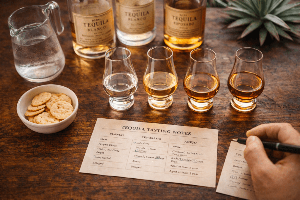 How to host a tequila tasting party setup with Glencairn glasses, craft tequila bottles, and tasting notes