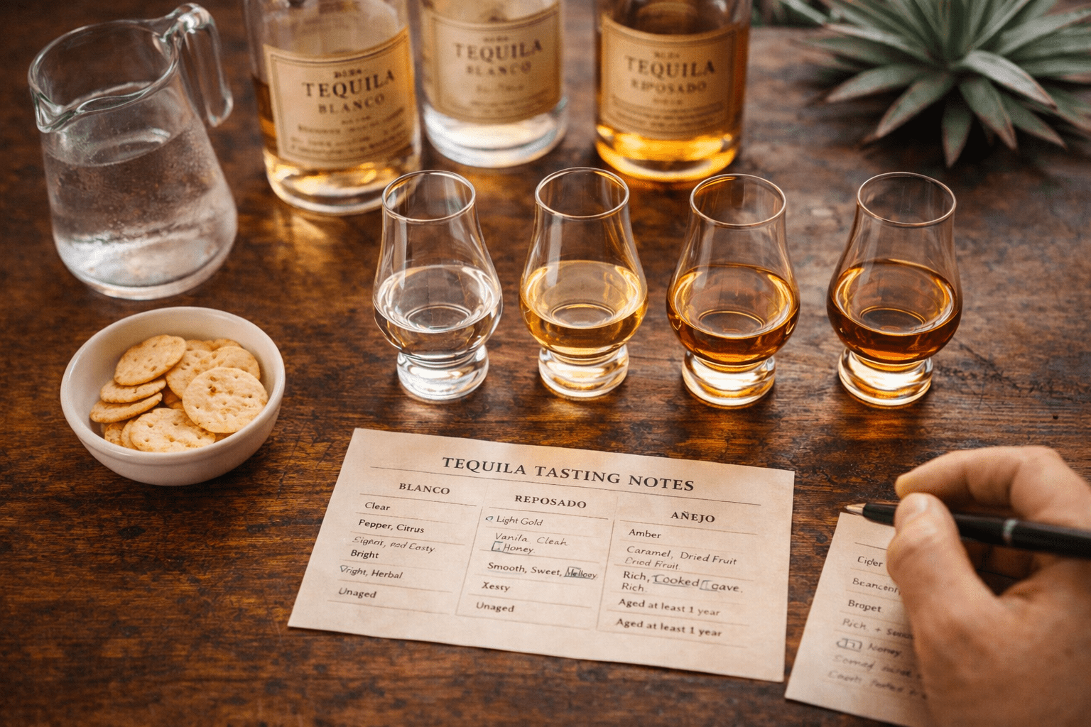 How to host a tequila tasting party setup with Glencairn glasses, craft tequila bottles, and tasting notes