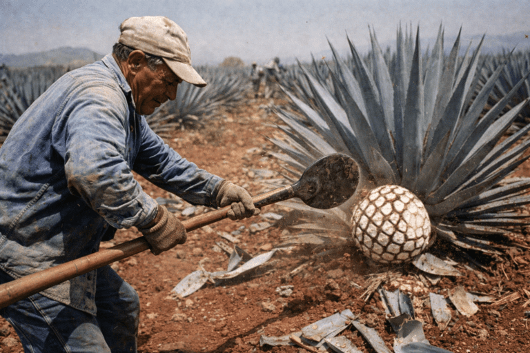 Skilled jimador harvesting mature blue weber agave plant using traditional coa curved blade tool in Jalisco tequila field exposing agave piña heart for tequila production