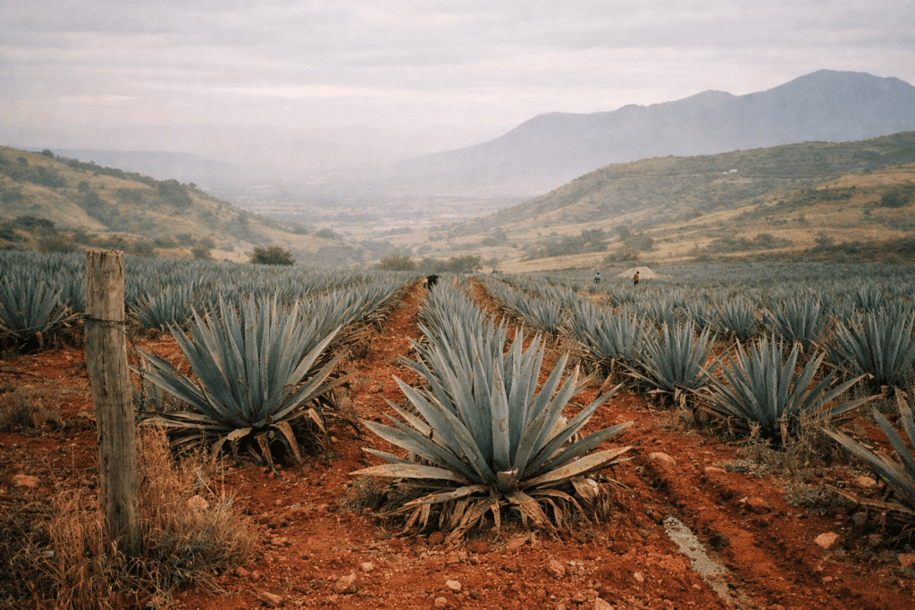 Los Altos de Jalisco highlands region showing mature blue weber agave plants growing in distinctive red volcanic clay soil at high elevation