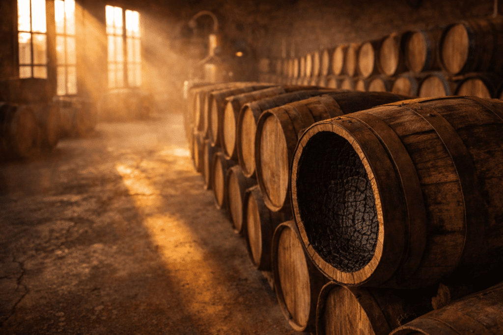 Oak barrels aging tequila in Mexican distillery warehouse showing craft tequila aging process bourbon casks