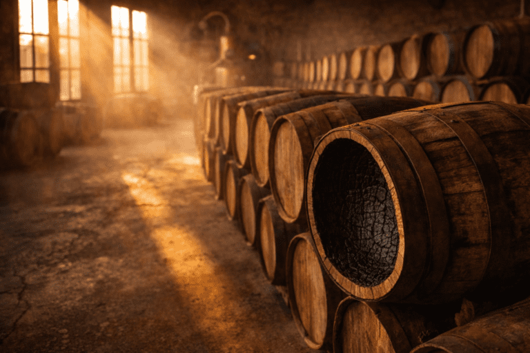 Oak barrels aging tequila in Mexican distillery warehouse showing craft tequila aging process bourbon casks