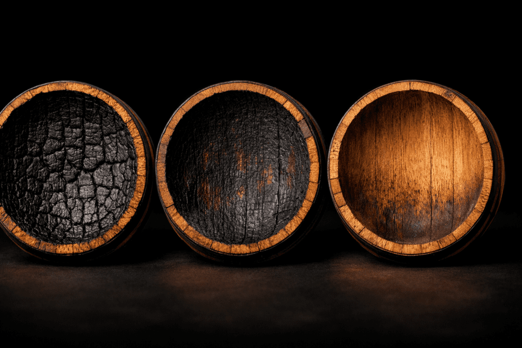 Three oak barrel cross-sections showing different char levels used in tequila aging process with bourbon wine and cognac cask variations