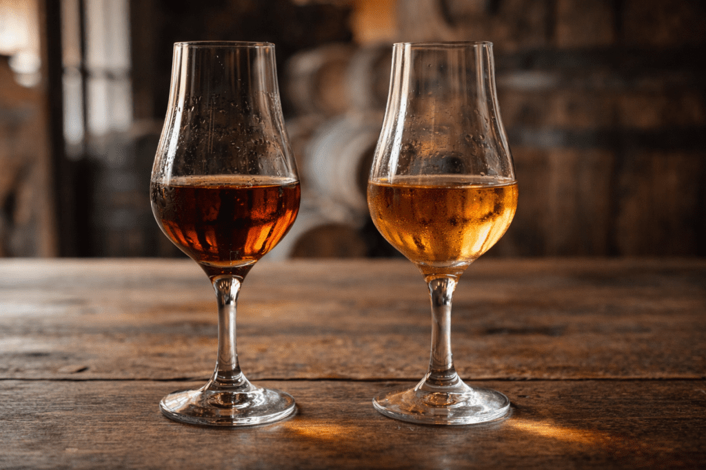 Comparison of over-aged dark tequila versus balanced añejo showing proper barrel aging process and craft quality standards