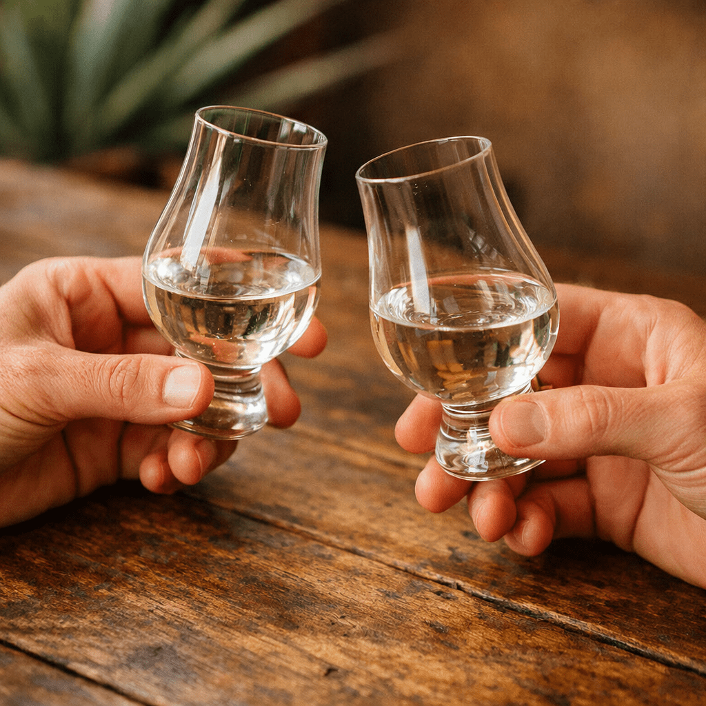 Proper glassware setup for tequila tasting with Glencairn glasses on wooden table