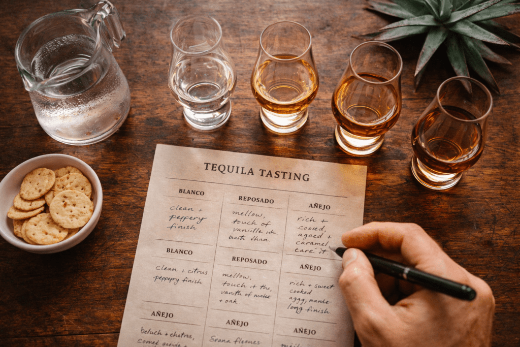 Complete tequila tasting party setup with glasses, tasting notes, and palate cleansers