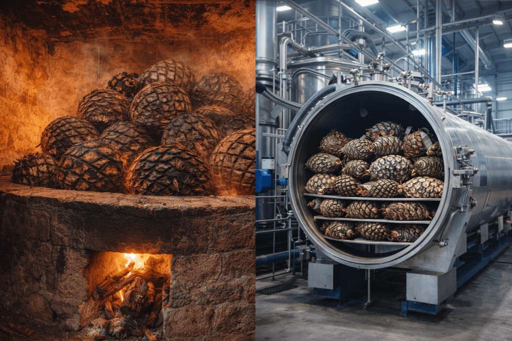 Side-by-side comparison of traditional stone brick oven tequila production versus modern industrial autoclave method