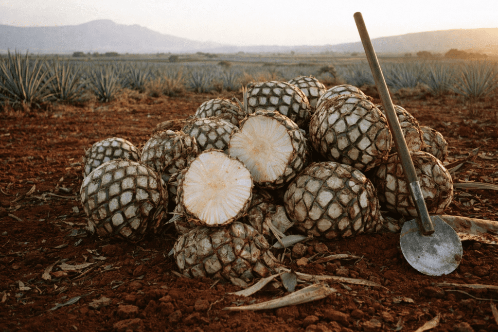 Close-up of diffuser tequila alternative: freshly harvested blue weber agave piñas in a Jalisco highland field