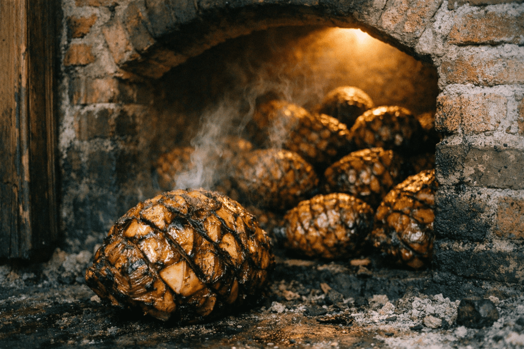 Chef inspecting roasted agave piñas inside a traditional brick horno at a Jalisco diffuser tequila distillery